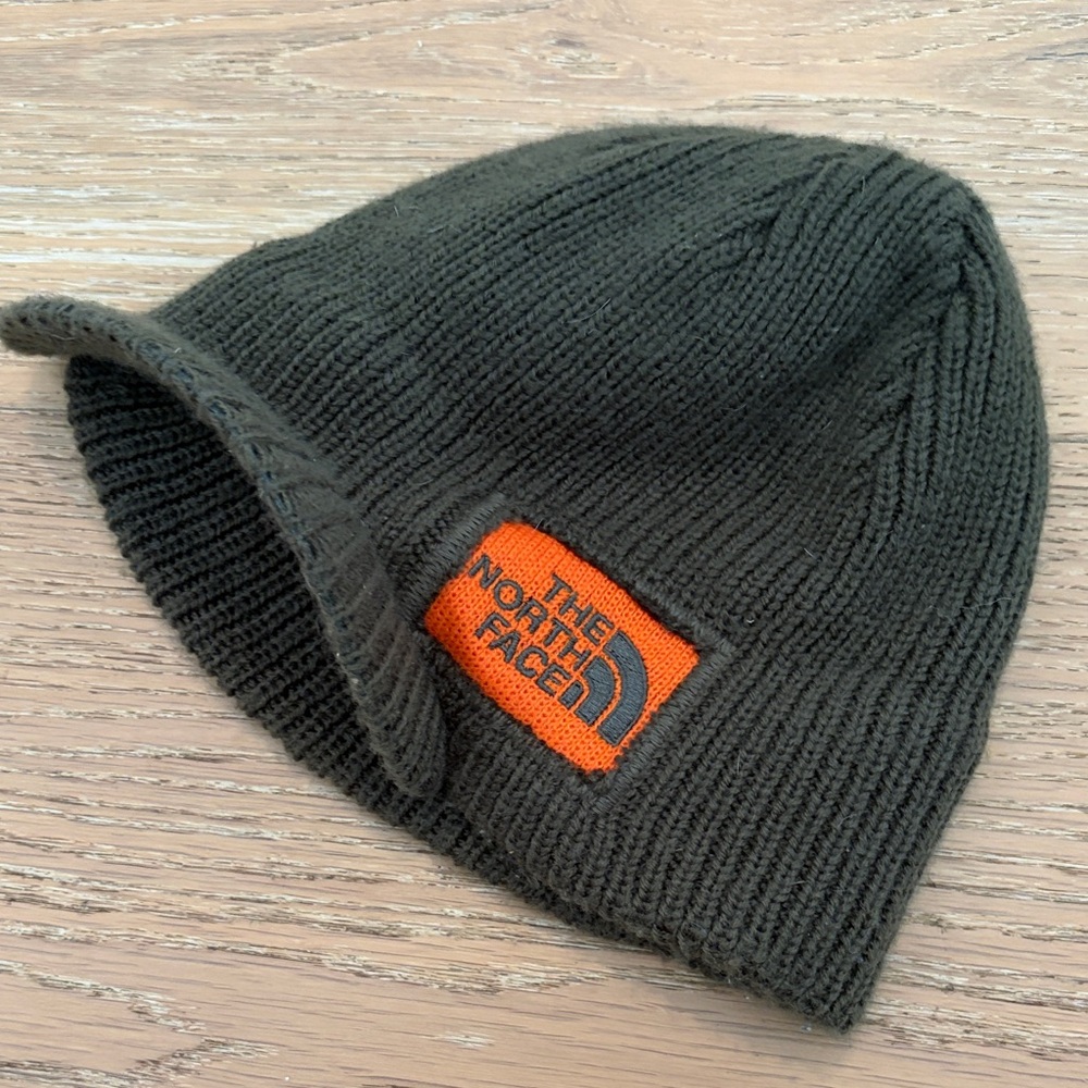 The North Face Olive Green Knit Visor Beanie with Orange Logo